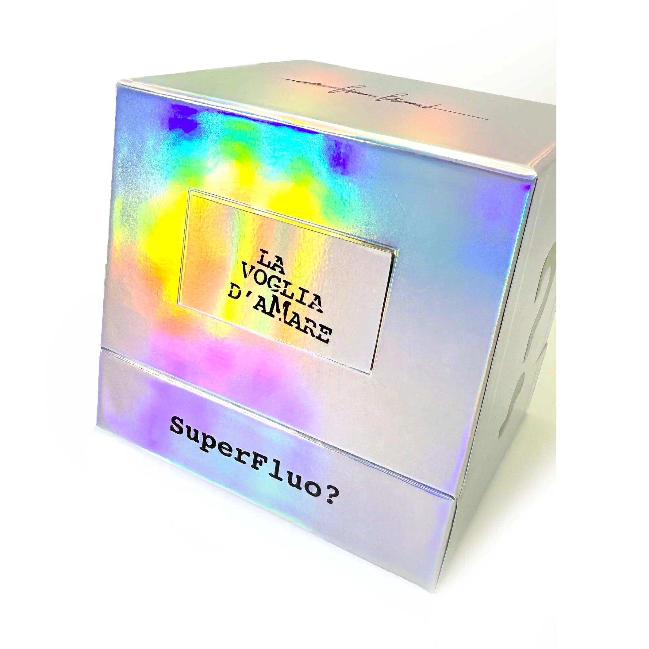 Three-quarter view of iridescent holographic Filippo Sorcinelli La Voglia D'Amare perfume box showing rainbow shifts and silver label