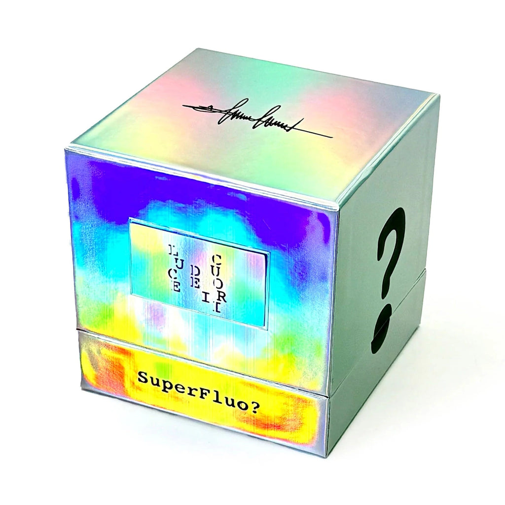 Holographic SuperFluo box for Filippo Sorcinelli Luce Dei Cuori perfume with rainbow finish