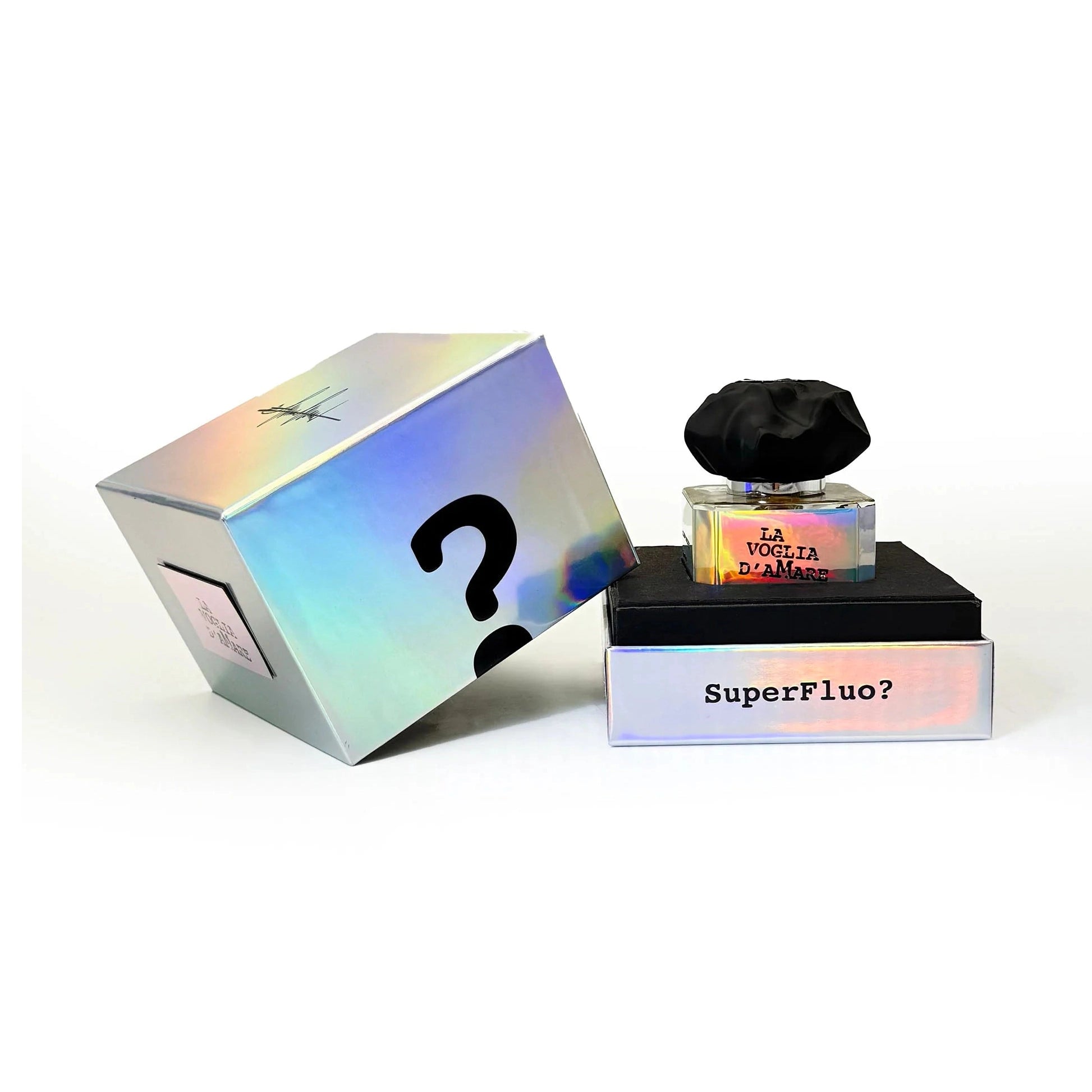 Filippo Sorcinelli La Voglia D'Amare Extrait de Parfum bottle with golden liquid and black fabric cap beside iridescent holographic box