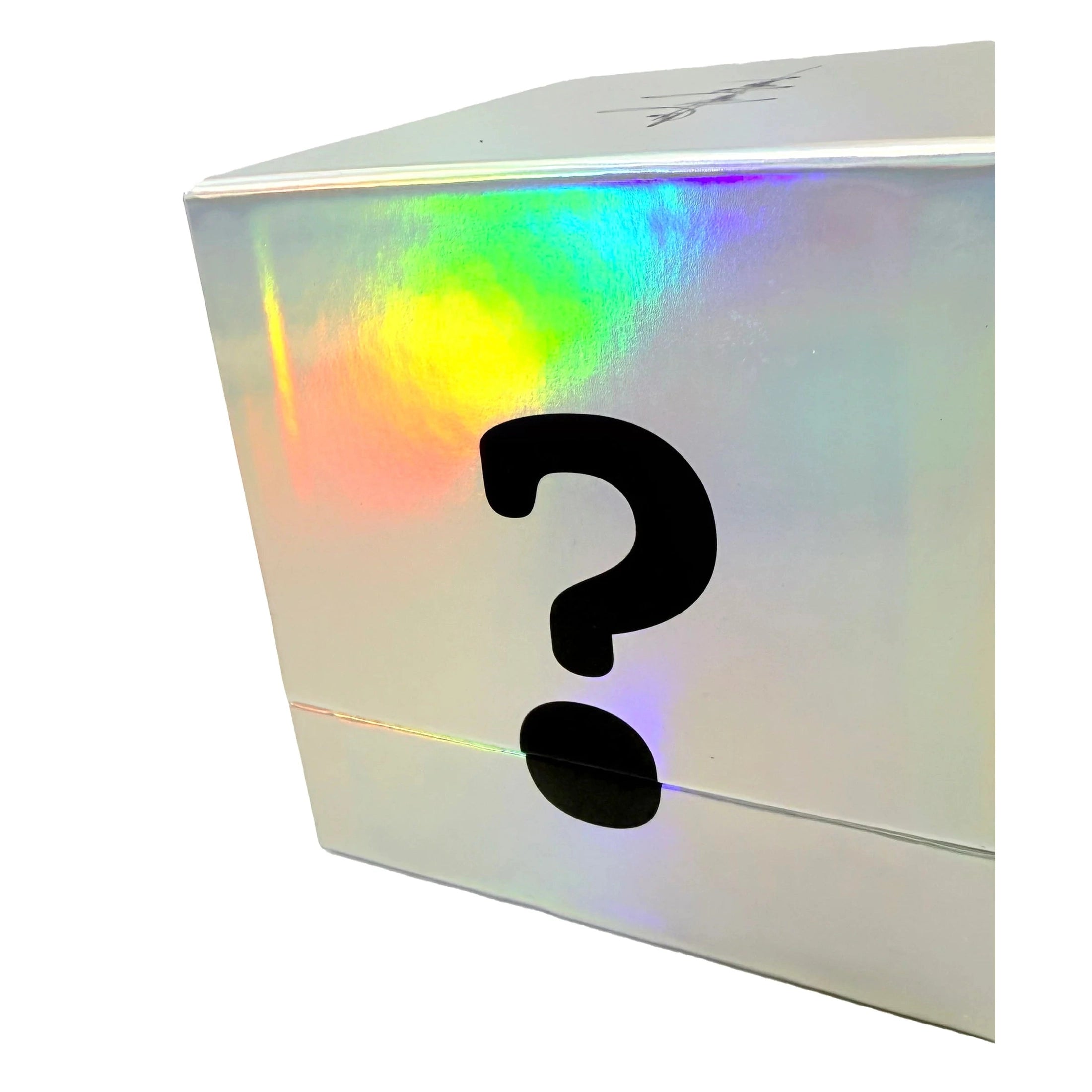 Close-up of silver iridescent SuperFluo box featuring large black question mark design