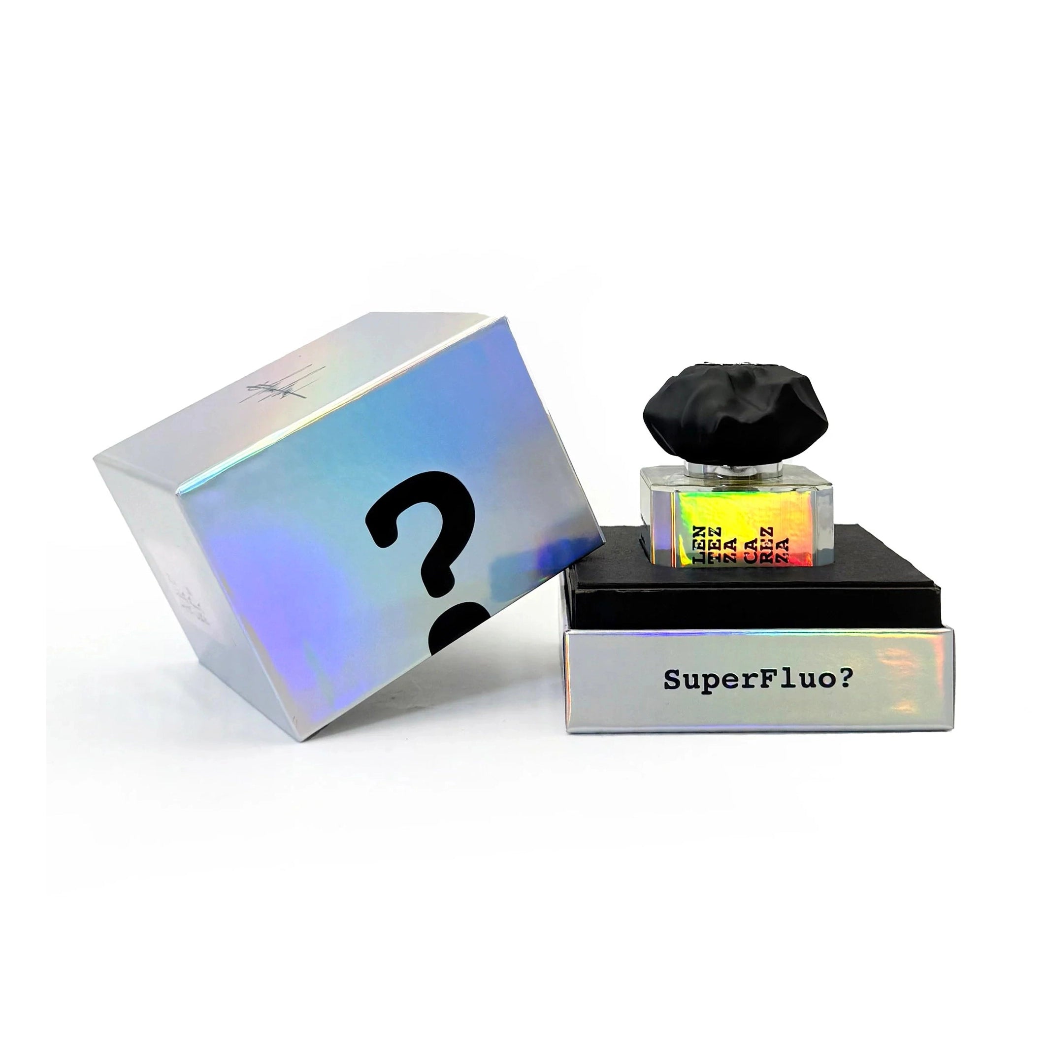 Filippo Sorcinelli Lentezza Carezza fragrance on black base with SuperFluo holographic packaging