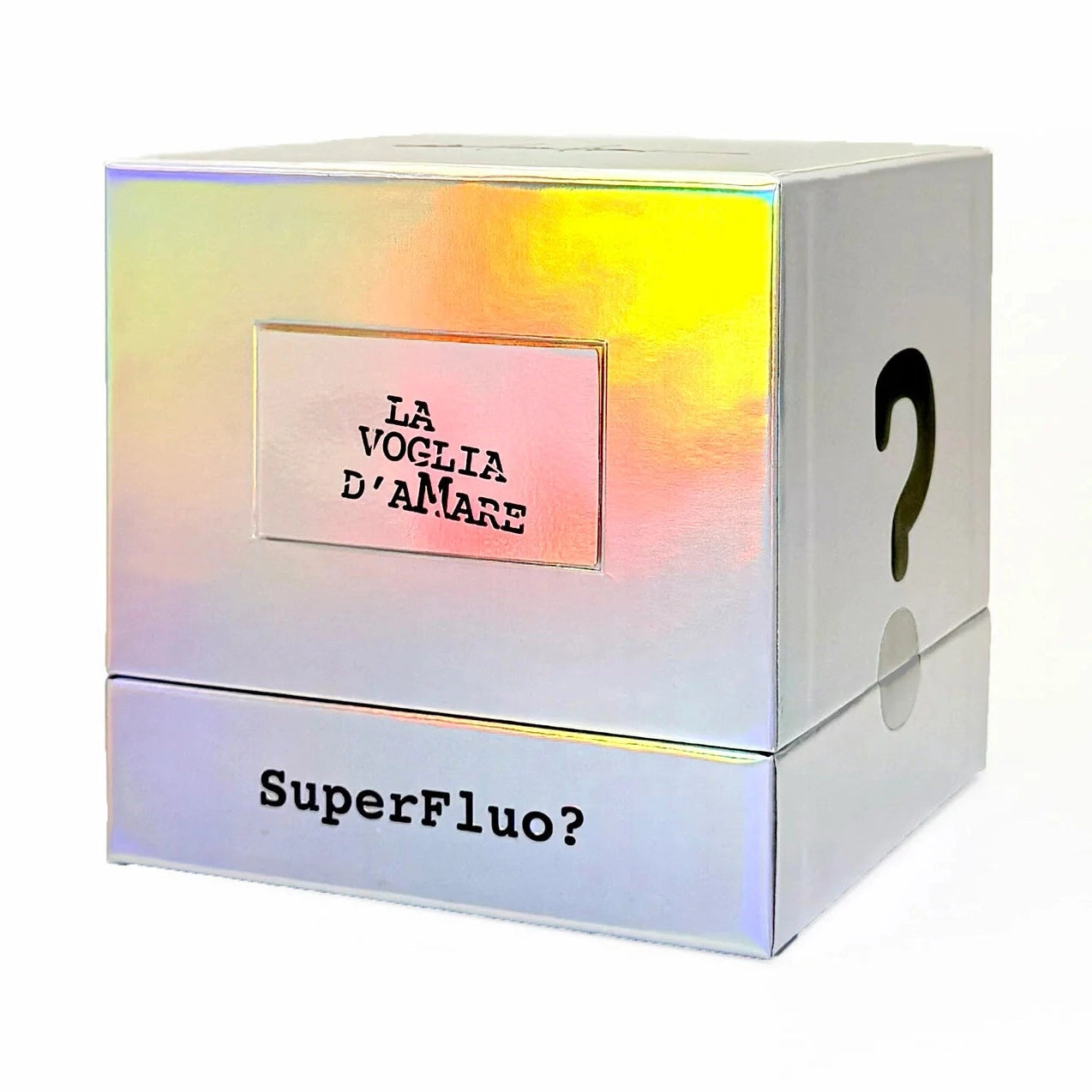 Iridescent holographic packaging box for Filippo Sorcinelli La Voglia D'Amare perfume with silver plaque label