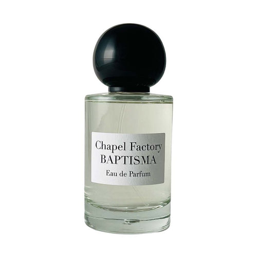 Chapel Factory Baptisma Eau de Parfum in clear glass bottle with black cap and silver label