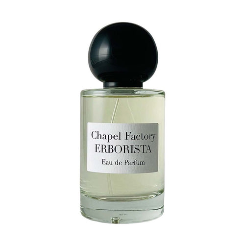 Chapel Factory Erborista Eau de Parfum in clear glass bottle with black spherical cap and silver label