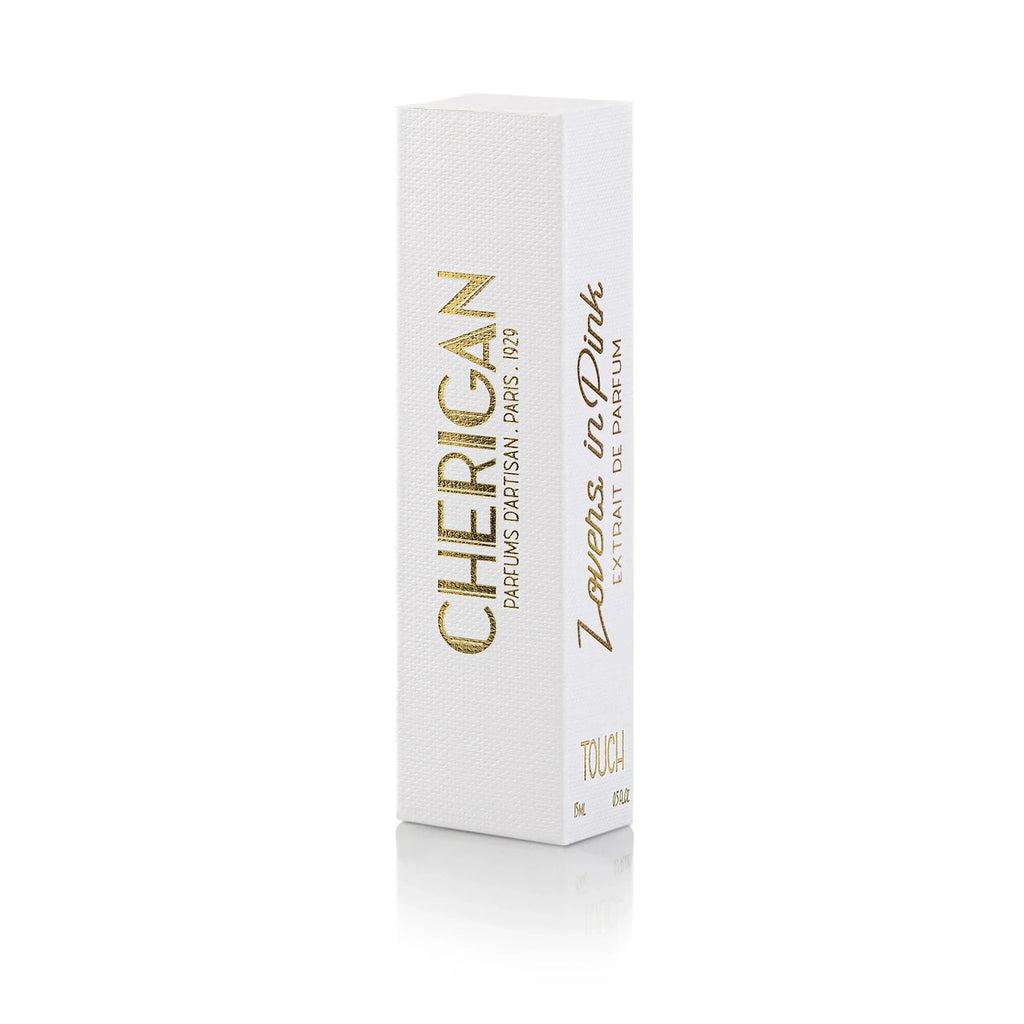 Cherigan Lovers in Pink perfume packaging box with gold lettering on white textured cardboard