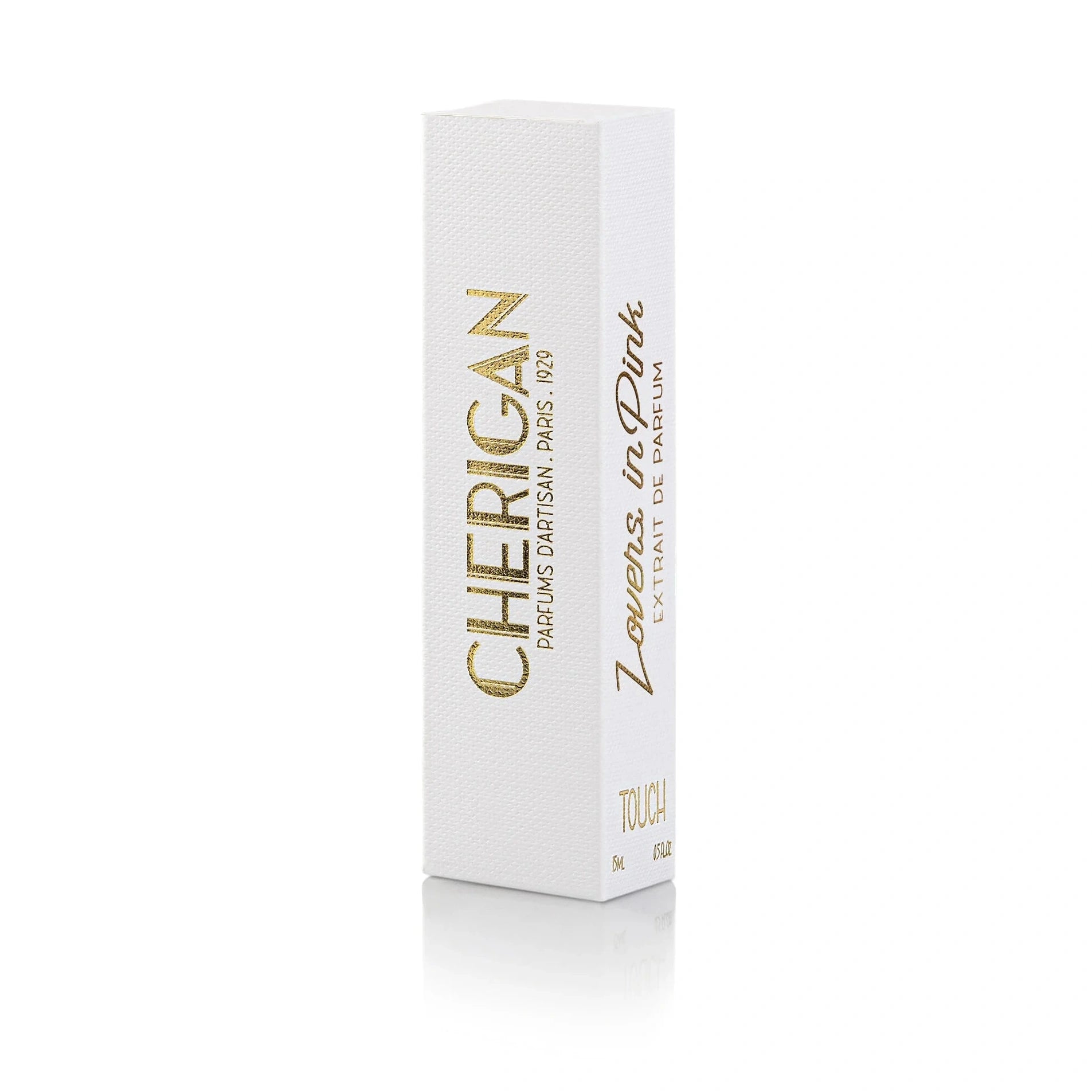 Cherigan Lovers in Pink perfume packaging box with gold lettering on white textured cardboard