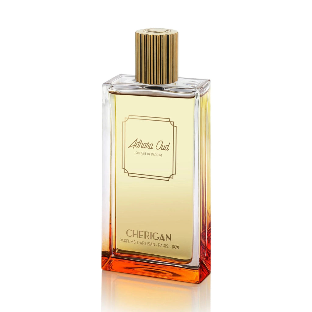 Cherigan Adhara Oud amber liquid perfume bottle with faceted base and gold cap