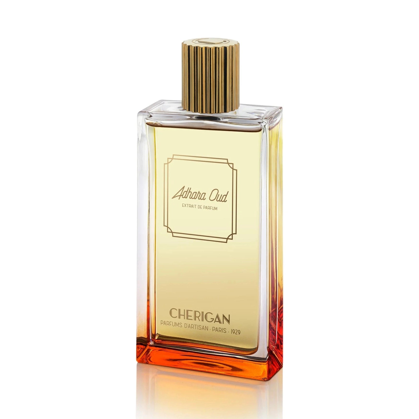 Cherigan Adhara Oud amber liquid perfume bottle with faceted base and gold cap
