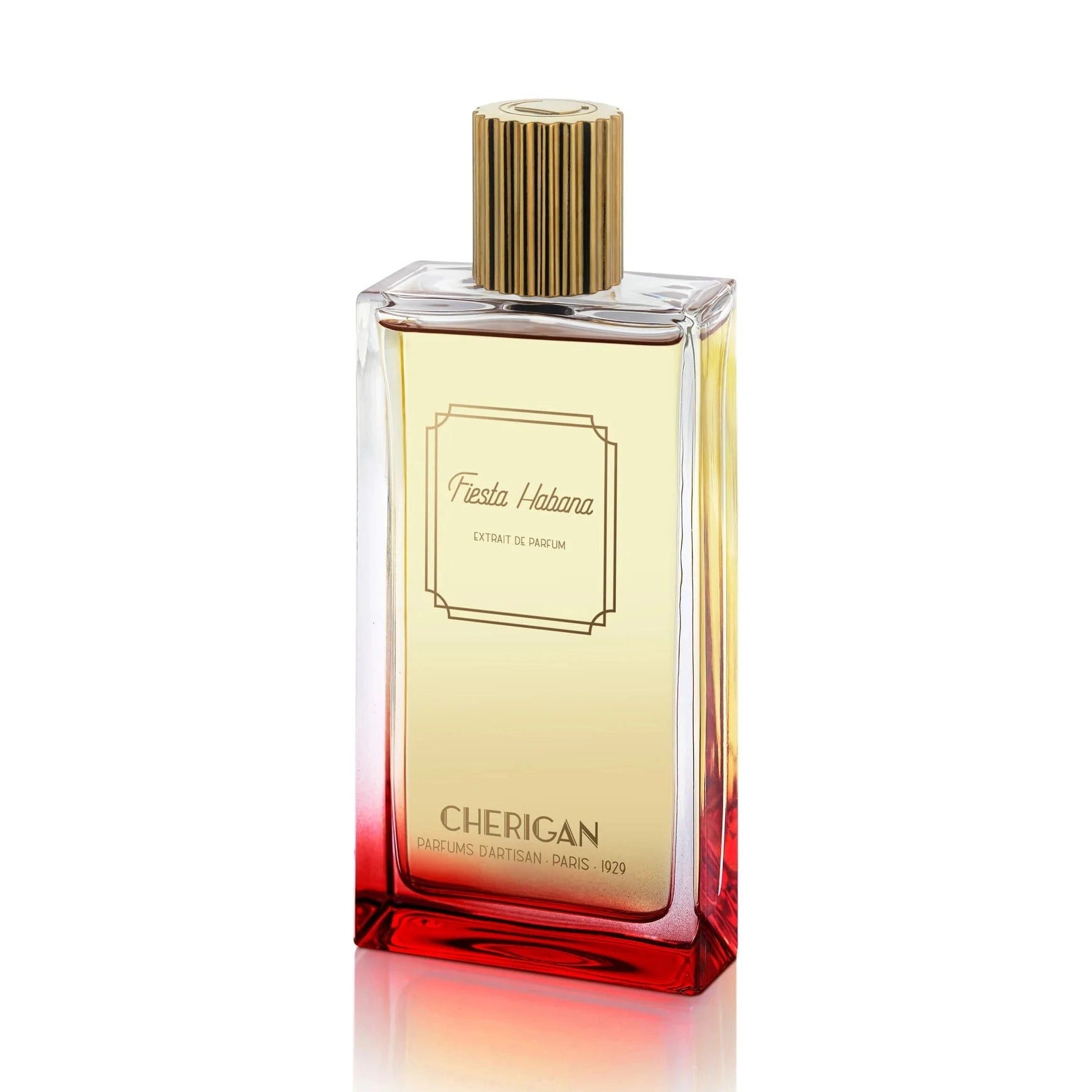 Cherigan Fiesta Habana amber red gradient perfume bottle with gold ribbed cap