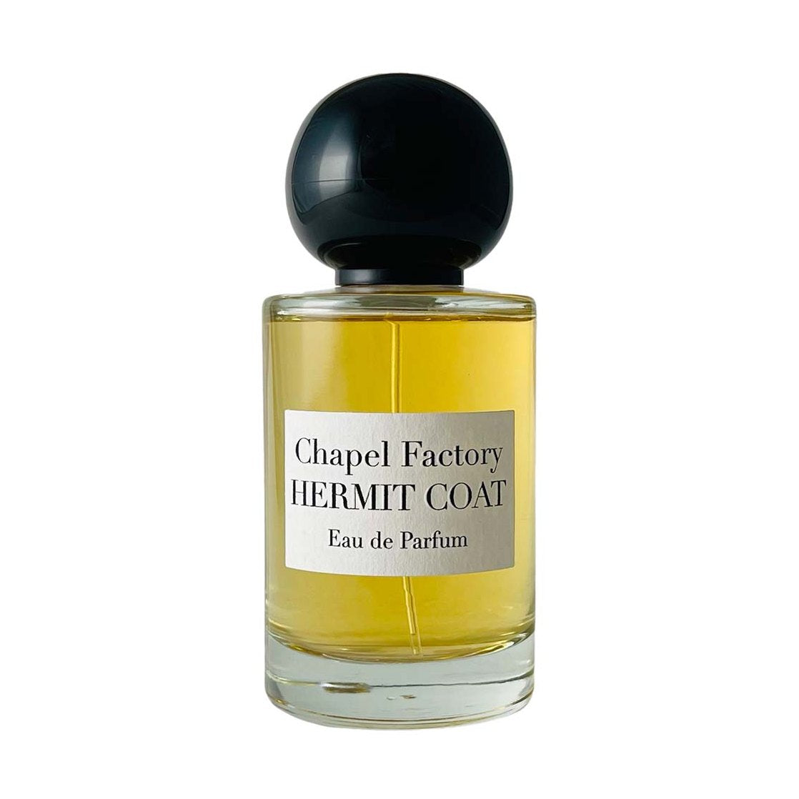 Chapel Factory Hermit Coat Eau de Parfum in golden-yellow glass with black spherical cap and matte label