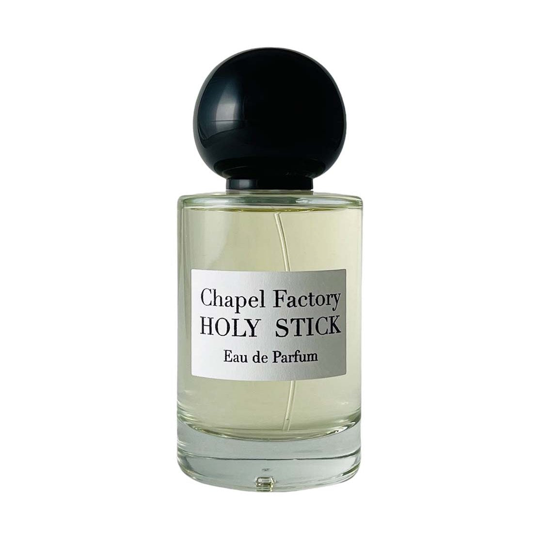 Chapel Factory Holy Stick Eau de Parfum in pale yellow glass bottle with black cap and silver label