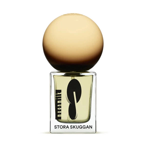 Stora Skuggan Moonmilk Eau de Parfum in rectangular glass bottle with black label and gradient cream-to-brown spherical cap
