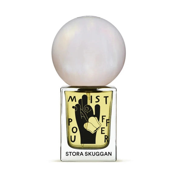 Stora Skuggan Mistpouffer Eau de Parfum square glass bottle with pearlescent cap and black leaf graphic
