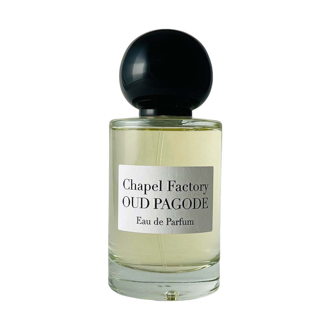 Chapel Factory Oud Pagode Eau de Parfum in clear glass bottle with black spherical cap and silver label