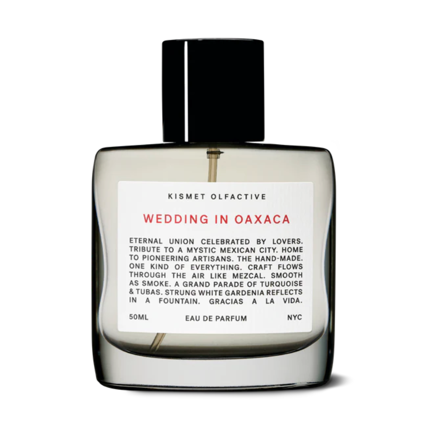 Kismet Olfactive Wedding in Oaxaca 50ml clear glass perfume bottle showing dropper mechanism