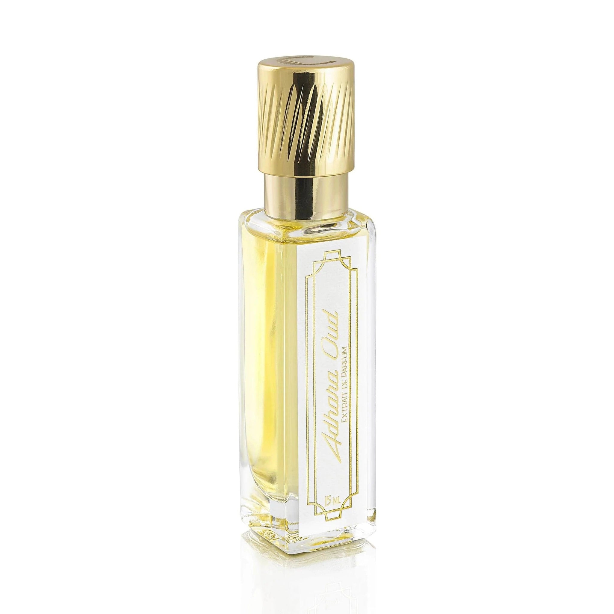 Cherigan Adhara Oud rollerball perfume with pale yellow liquid and gold cap