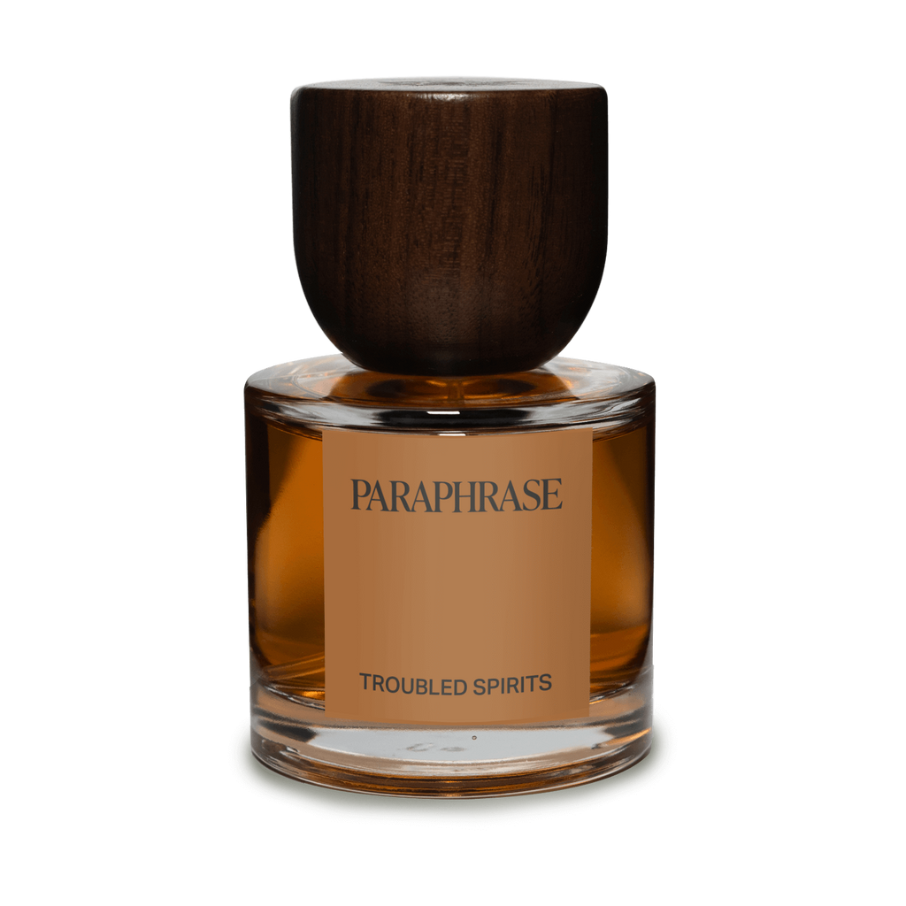 Paraphrase Troubled Spirits Eau de Parfum on white background with beige label