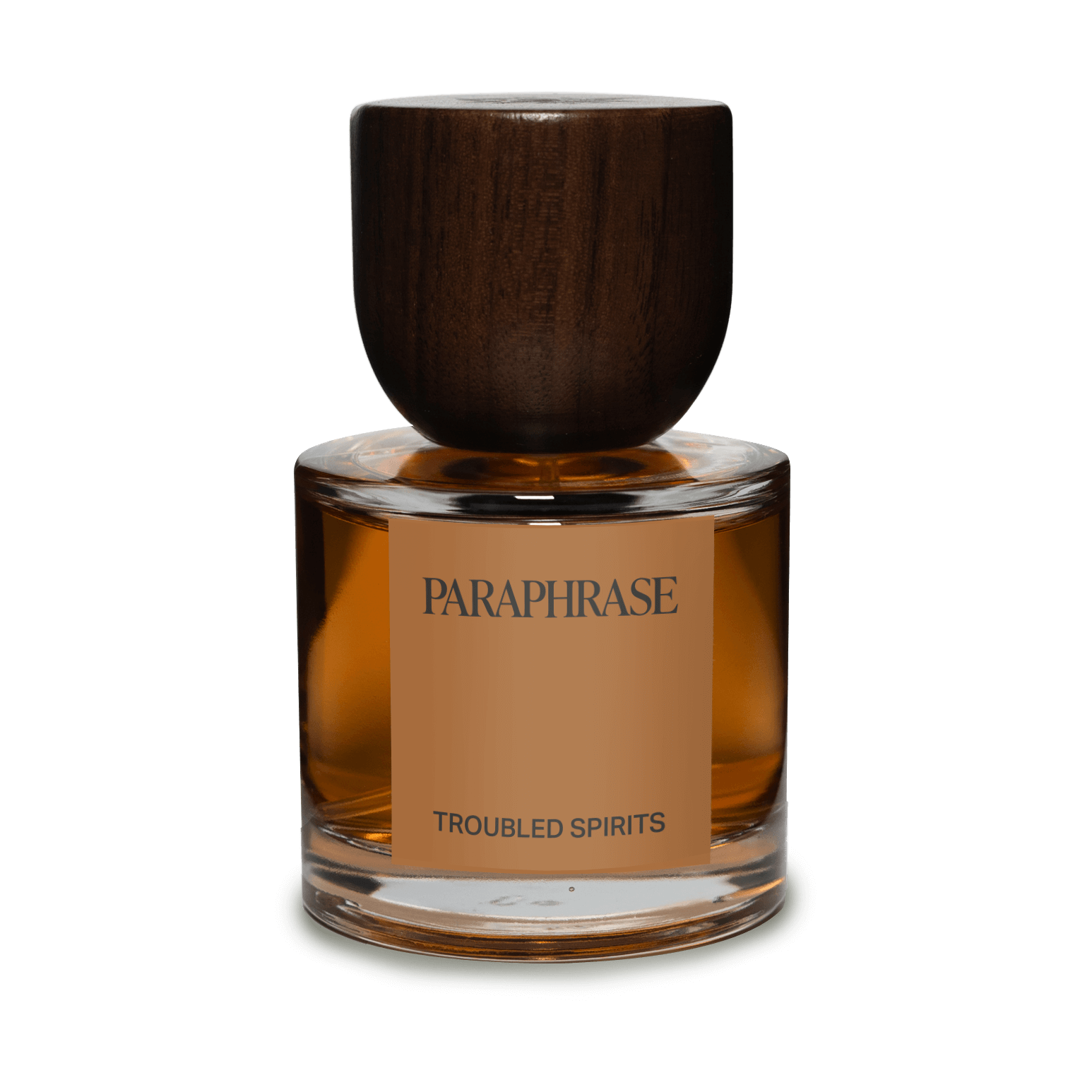Paraphrase Troubled Spirits Eau de Parfum on white background with beige label