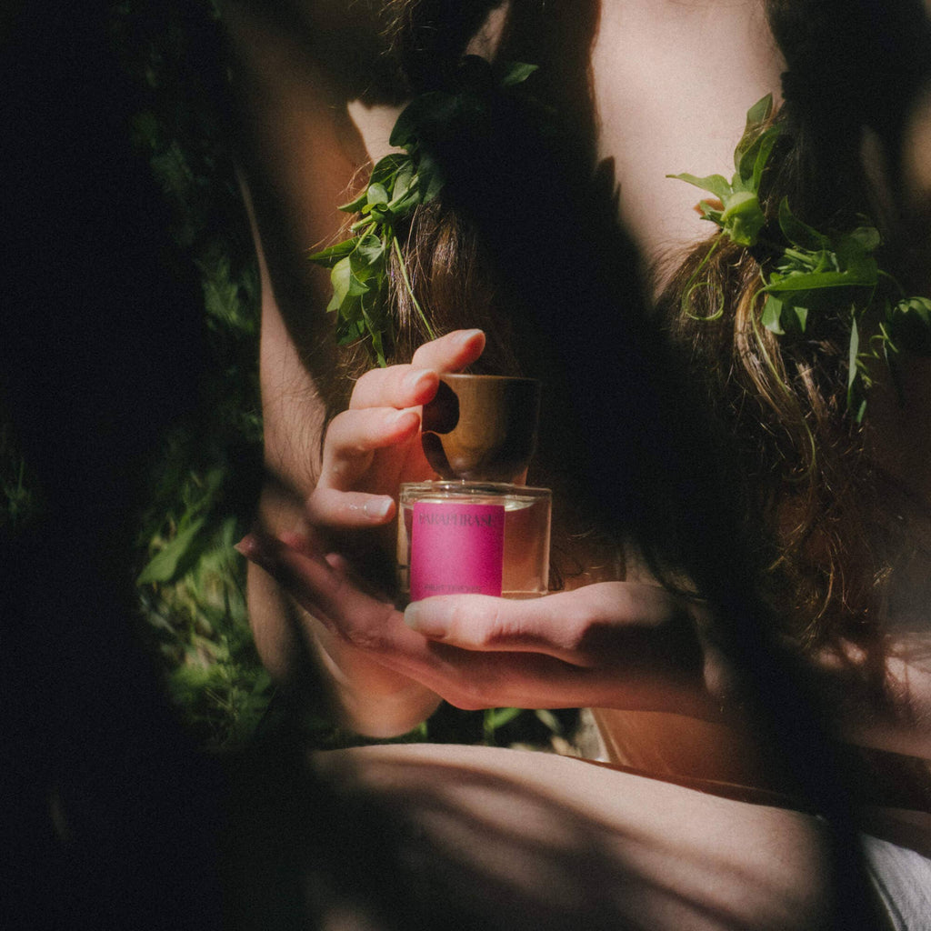 Paraphrase Fruit Thieves Eau de Parfum held in hands with green vines and magenta label
