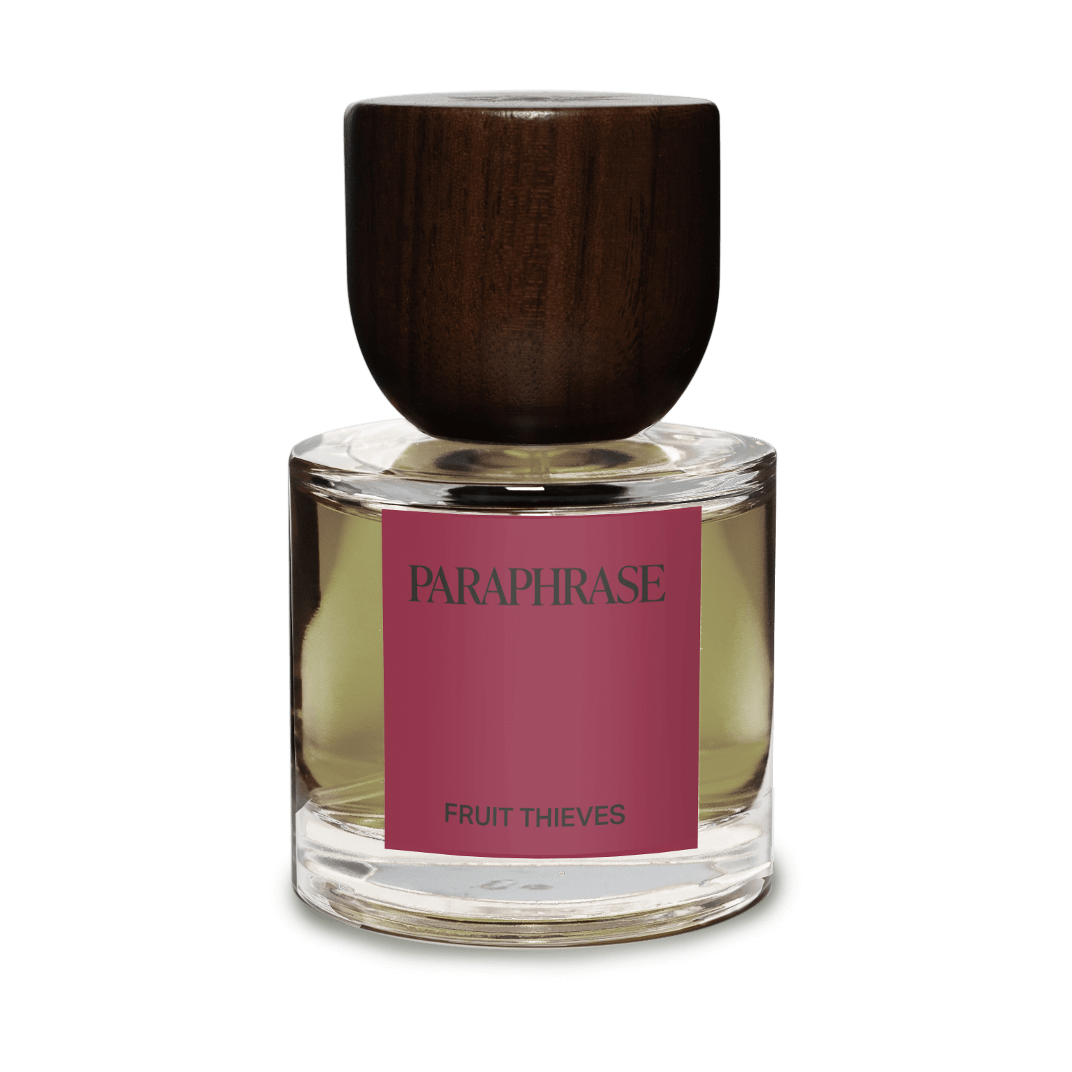 Paraphrase Fruit Thieves perfume bottle with wooden cap and pale amber liquid on white