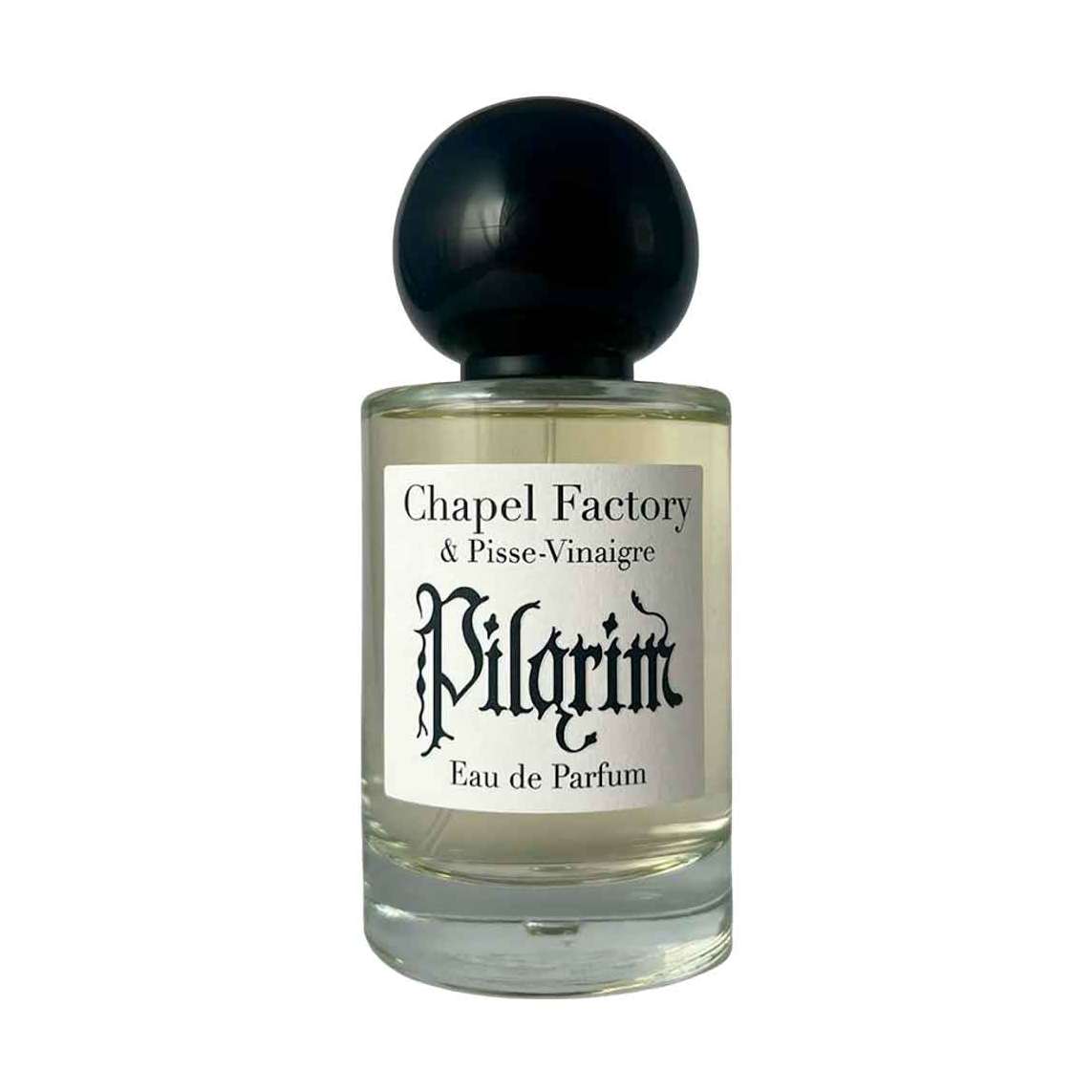 Chapel Factory Pilgrim Eau de Parfum in clear glass bottle with black cap and pale yellow liquid