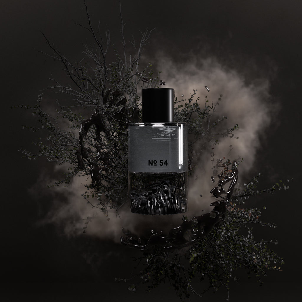 Fischersund No. 54 woody fragrance bottle surrounded by smoke and varnish-like branches