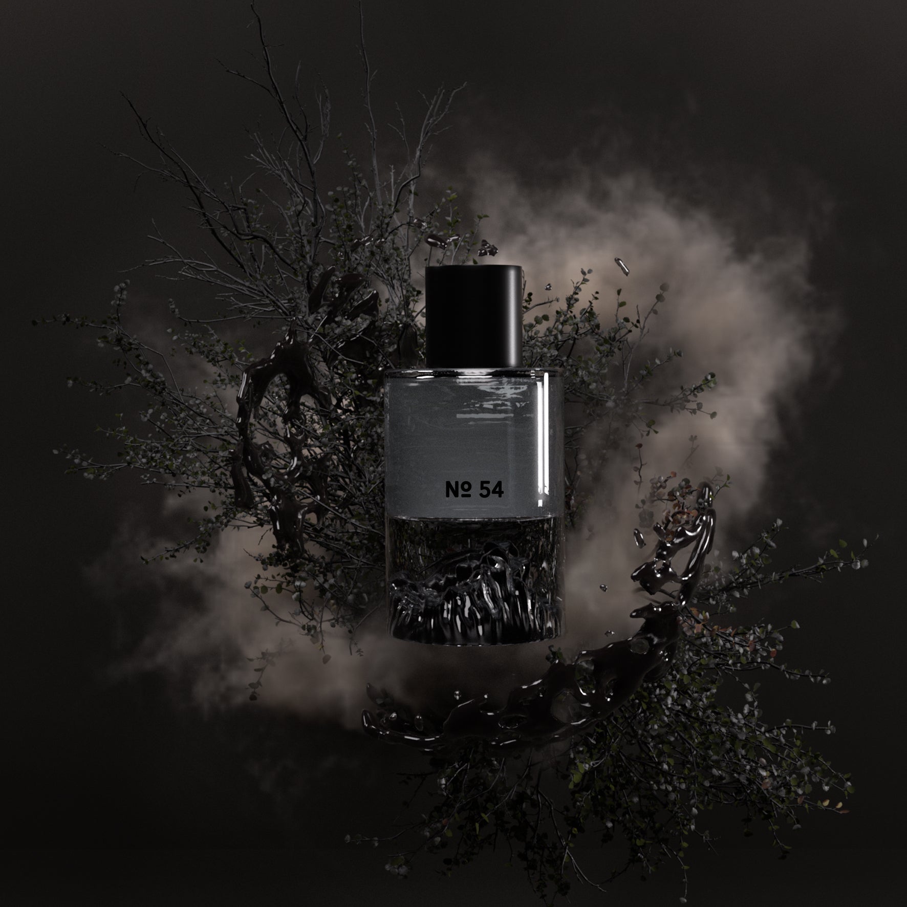Fischersund No. 54 woody fragrance bottle surrounded by smoke and varnish-like branches